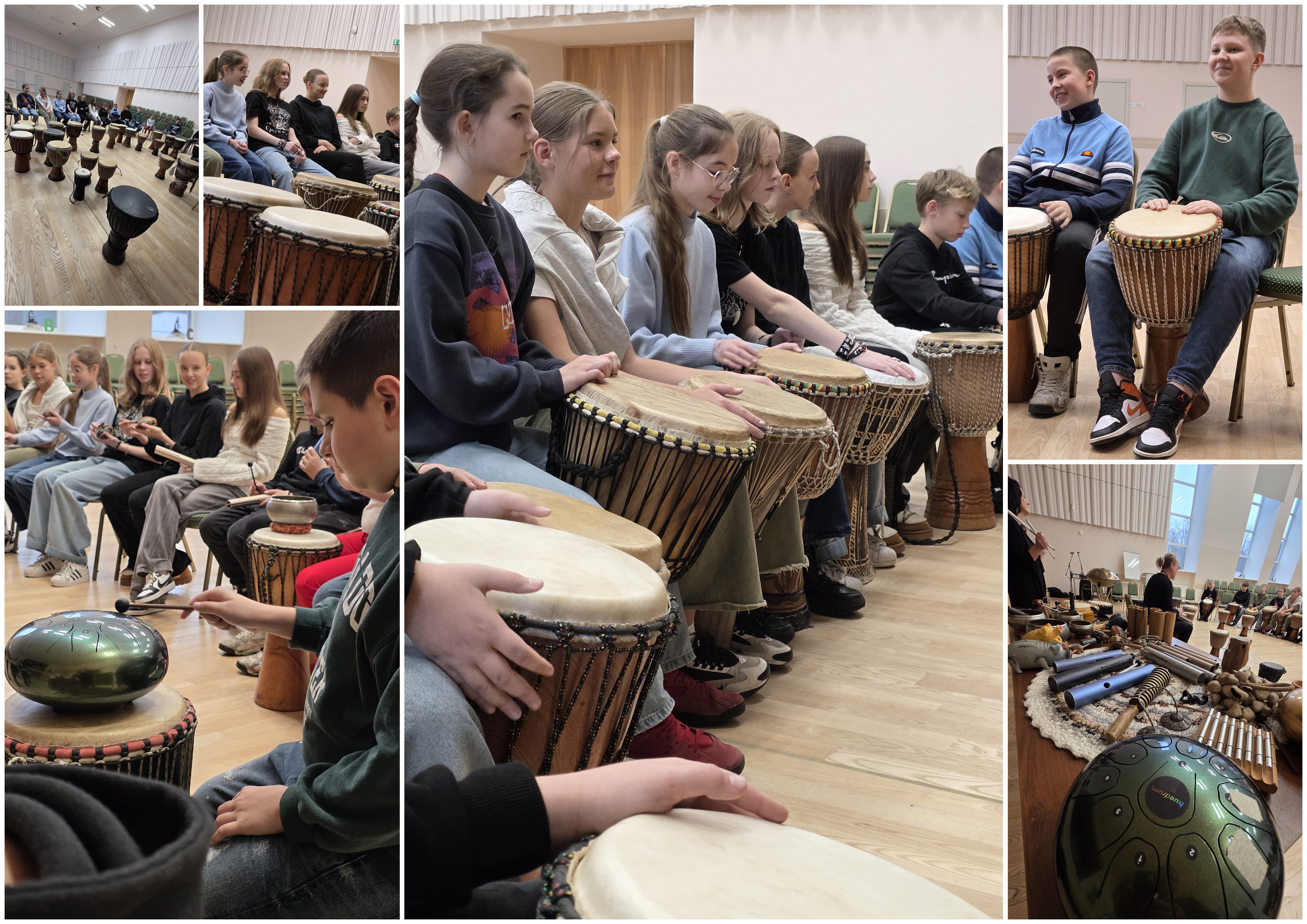 SKOLĒNI SPĒLĒJA EKSOTISKUS MŪZIKAS INSTRUMENTUS NODARBĪBĀ AR VIESLEKTORIEM